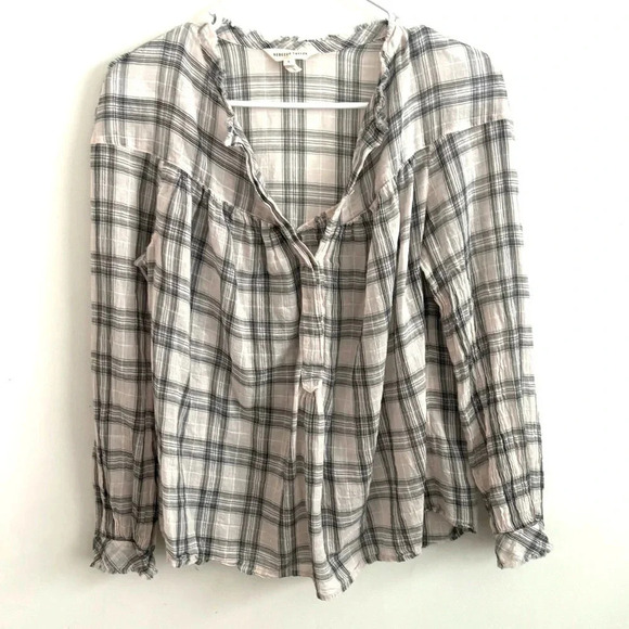 Rebecca Taylor 1/2 button up lightweight plaid raw neck shirt grey / white 4 - Picture 1 of 5